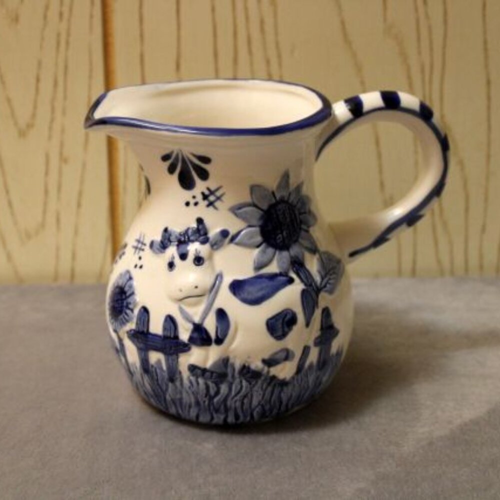 Blue Delft Deco Handpainted Blue & White Pitcher with Cow and Windmill